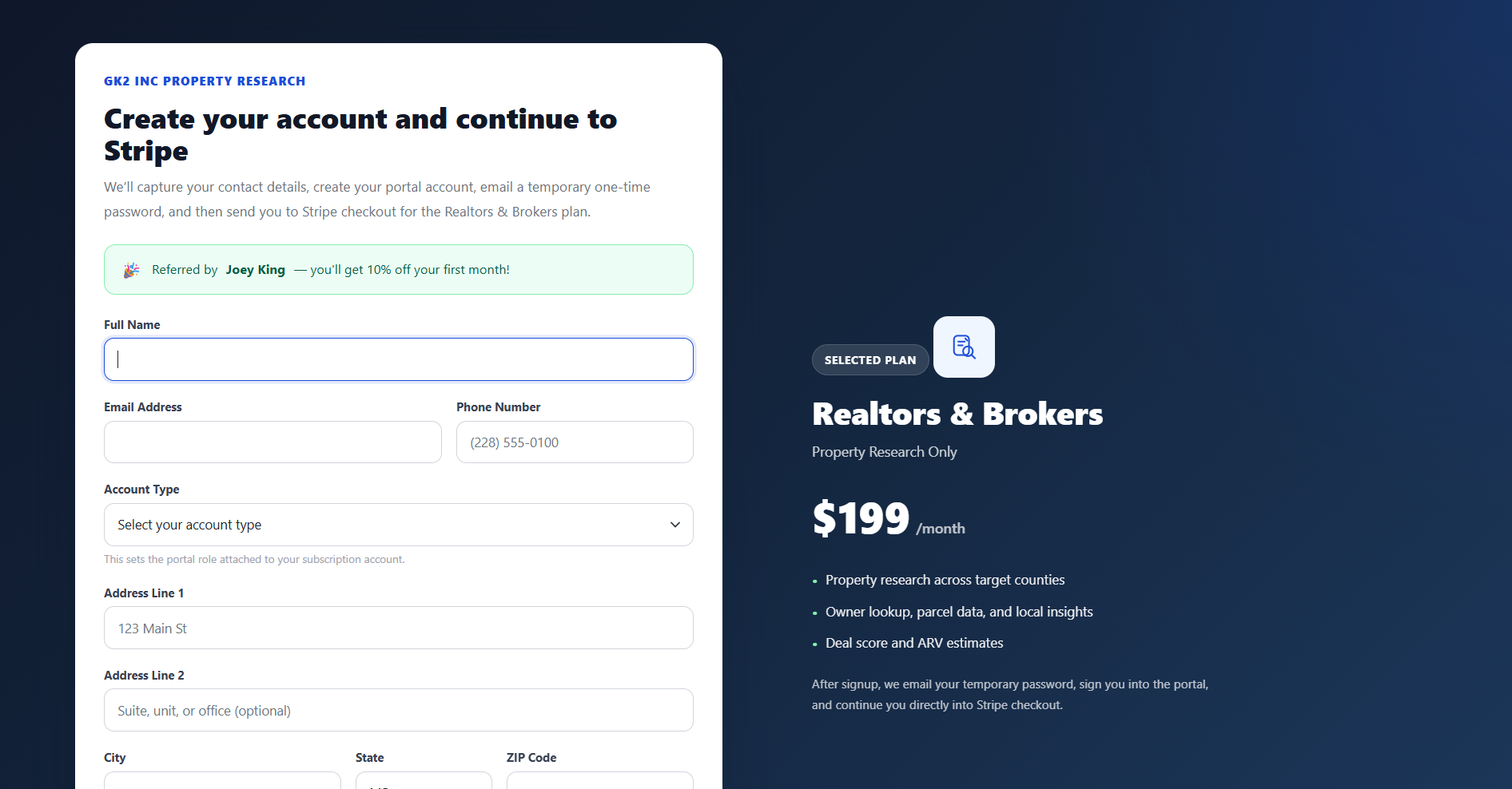 GK2 affiliate referral signup page showing 10 percent off first month