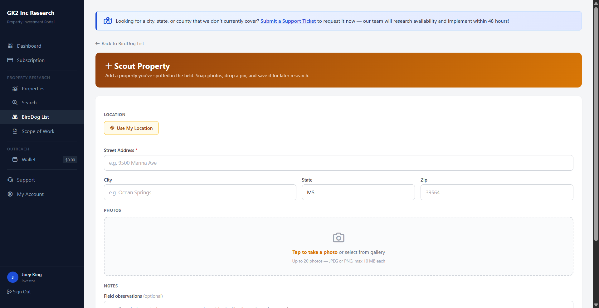 BirdDog property scouting screen