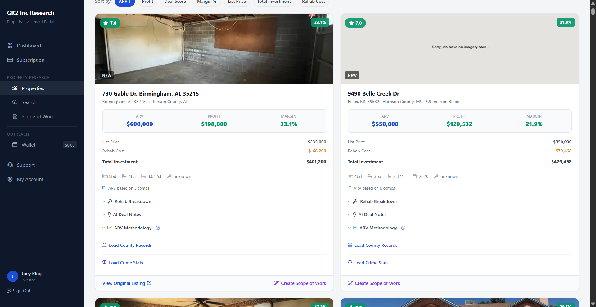 Property details and deal analysis screen
