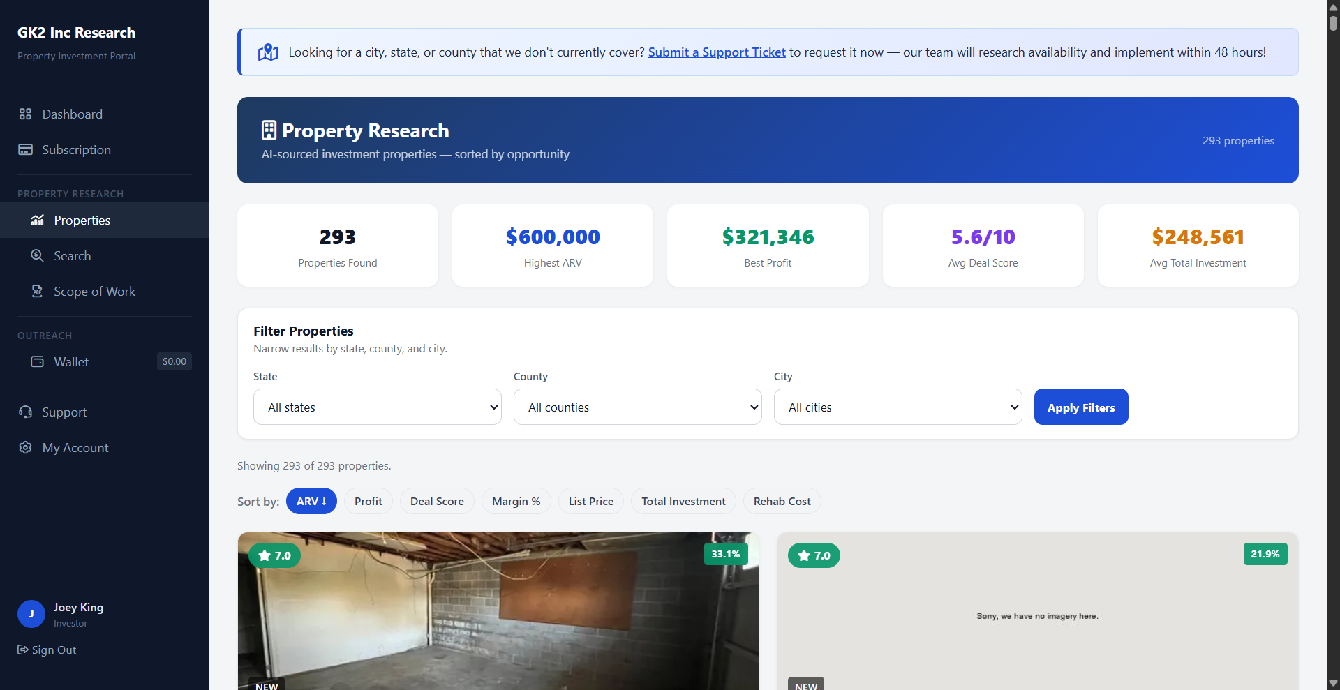 Property research quick stats and filters