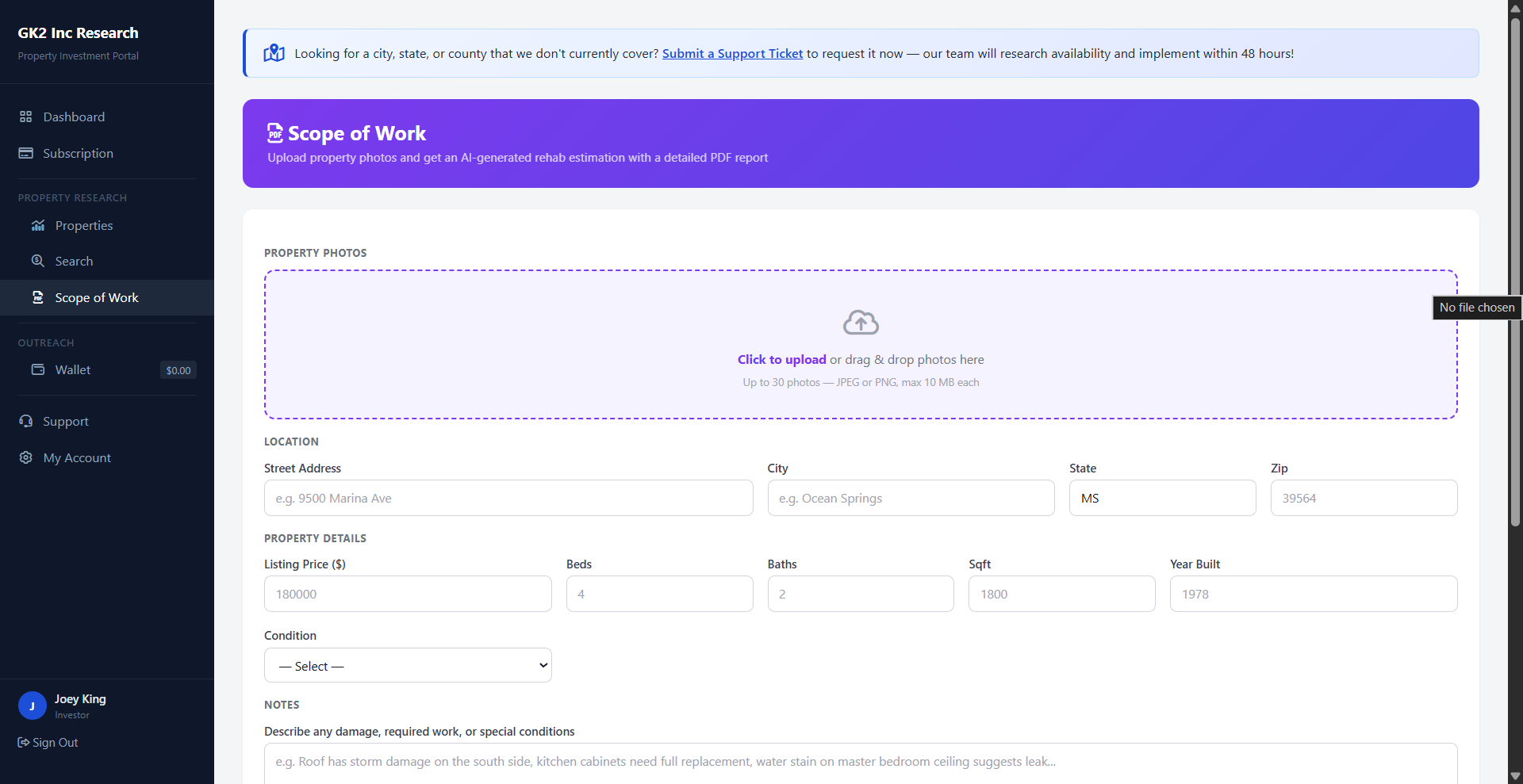 Scope of Work upload page